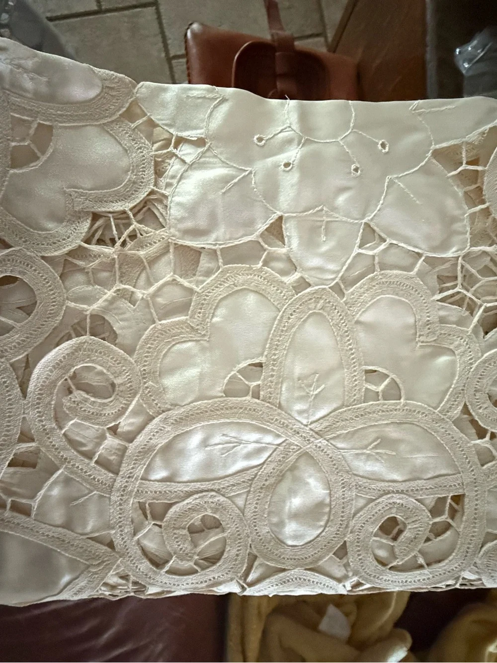 Battenberg Like Lace Tablecloth with Silk & Embroidered Lace - 34”square. Mint.